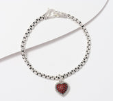 JAI Sterling Silver Box Chain Pave Garnet Heart Charm Bracelet, 8"